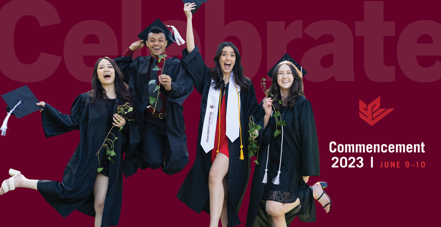 SPU students jump in unison in their graduate regalia in front of a maroon background with large letters reading celebrate