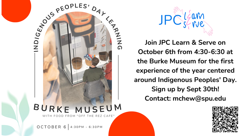 JPC Learn and Serve side with 2 people looking at Indigenous artifacts at Burke museum