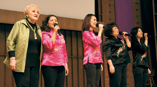 Doris Brougham with Heavenly Melody choir on the Seattle Pacific Campus in April 2014