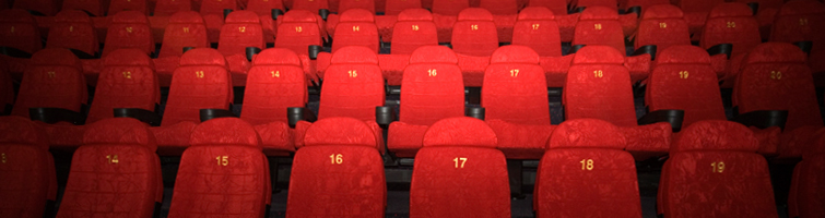 Rows of red theatre chairs.