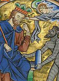 Master of the Ingeborg Psalter, detail, Initial D: David Pointing to His Mouth 