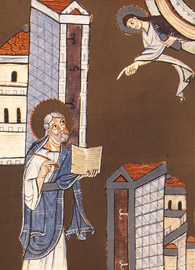 John writes to the churches of Ephesus and Smyrna, Bamberg Apocalypse Folio 8 