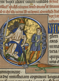 Painted by Master of the Ingeborg Psalter, Initial Q: David Before Saul (after 1205). Ms. 66, fol. 55. Tempera colors and gold leaf on parchment.