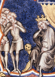 Painted by Guyart des Moulins, David Mourns for Saul (1357). La Bible historiale complétée.