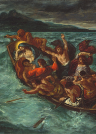 Painted by Eugene Delacroix depicting Christ asleep during a storm on the lake.