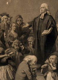 Engraving of John Wesley preaching outside a church.