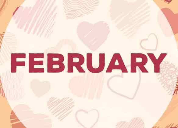 the word "February" in red with hearts in the background.
