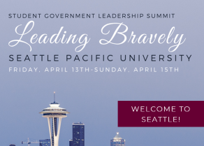 Seattle skyline with text "Leading Bravely"