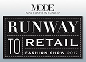 Graphics for mode, showing text "runway to retail fashion show"