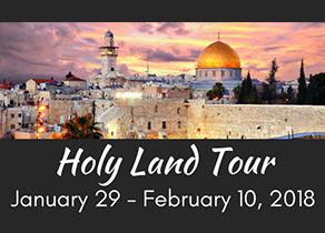 Logo for Holy Land Tour, showing a photo of Israel
