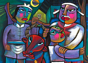 Colorful cubist rendering of a farming family, gathering around a cow and embracing