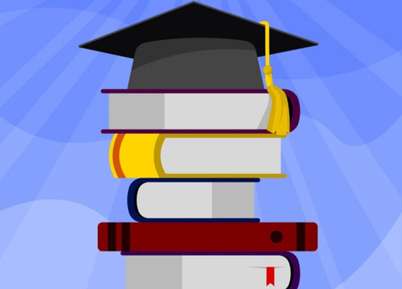 graphic of mortar board atop of pile of books