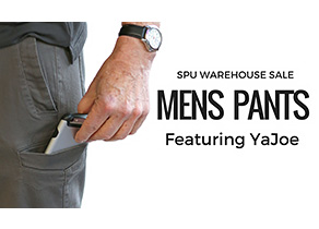 Picture showing a man putting a phone in pocket, with text saying "SPU Warehouse sale, Mens pants, featuring YaJoe".